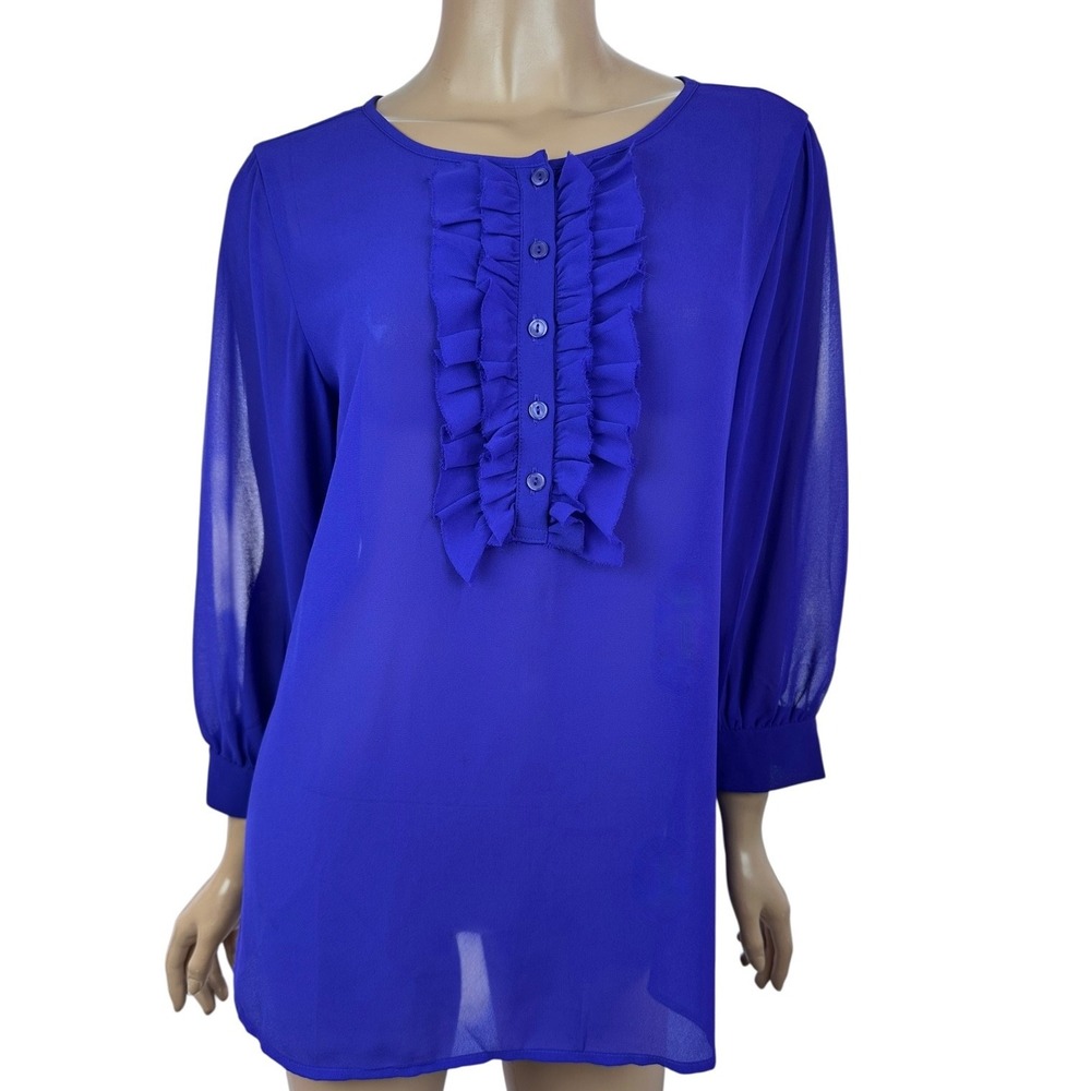 Loft Blue Sheer Top Pullover Size Small 3/4 Balloon Sleeves Polyester